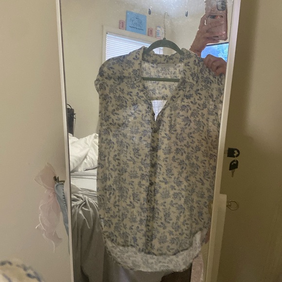 olivaceous short sleeve button up with a floral toile inspired pattern - Picture 1 of 5